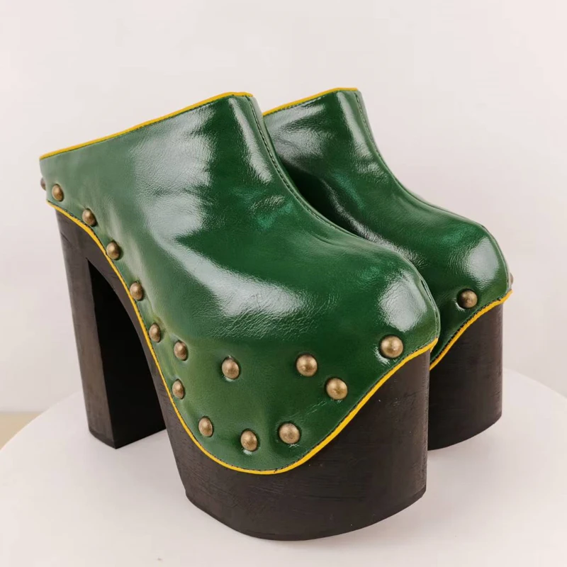 Mules de Plataforma Verde con Tacón Grueso para Mujer, Verano 2026, con Remaches, Tacón Alto, Zuecos, Zapatos sin Cordones, Estilo Gótico Y2K