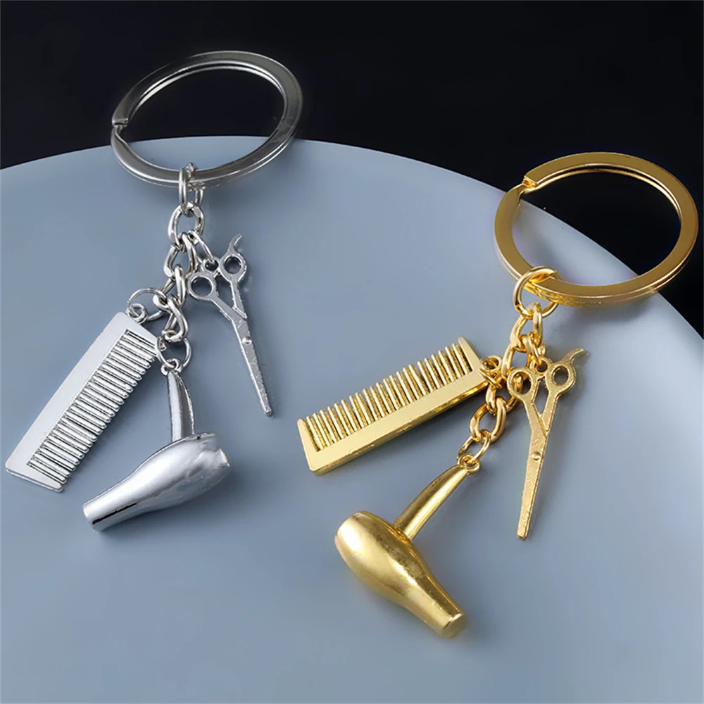 Fashion Hairstylist Keychain Hair Dryer Scissor Comb Key Ring Metal Hairdressers Key Rings For Women Men DIY Handmade Gifts