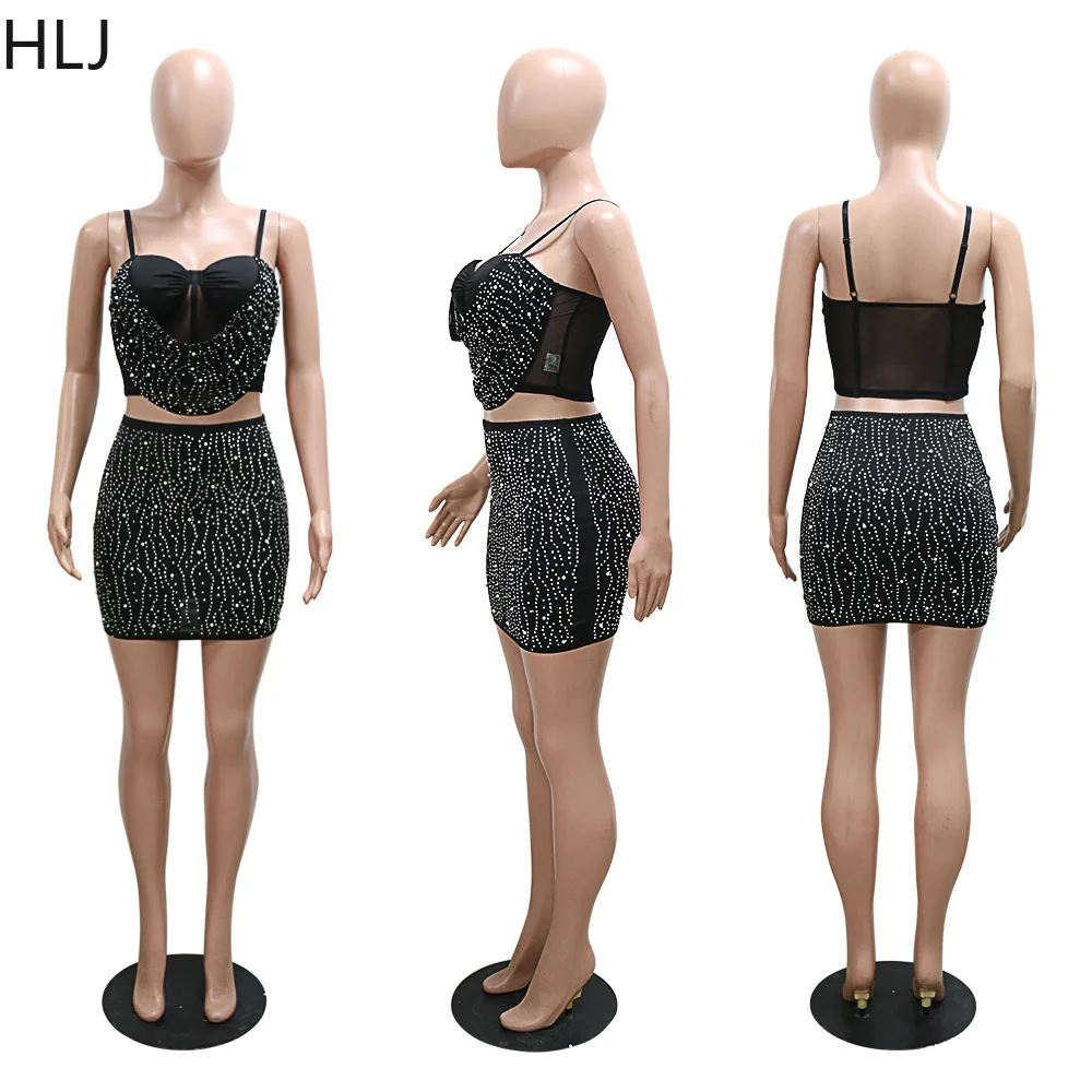 HLJ Sexy Luxury Pearls Rhinestone Mini Skirts Sets Women Mesh Sheer Tank Top And Skirts Two Piece Outfit Fashion 2pcs Streetwear