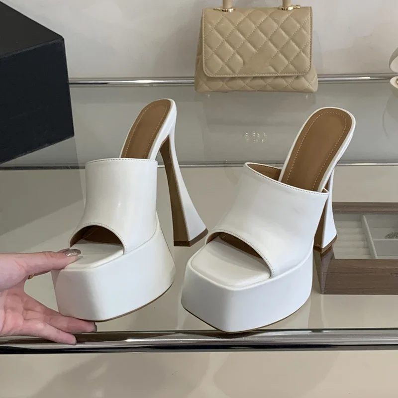 

Aneikeh Fashion Chunky High Heeled Slippers for Women's Shoes Sexy Square Toe Exposed Toe Sandals Banquet Pumps Summer
