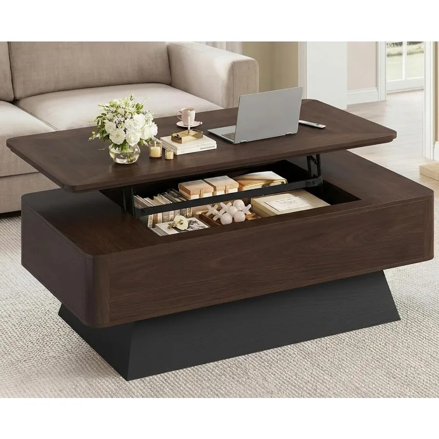 47.2 Mid-Century Modern Lift Top Coffee Table with Storage: living room use, wood veneer, walnut finish, hidden compartment and