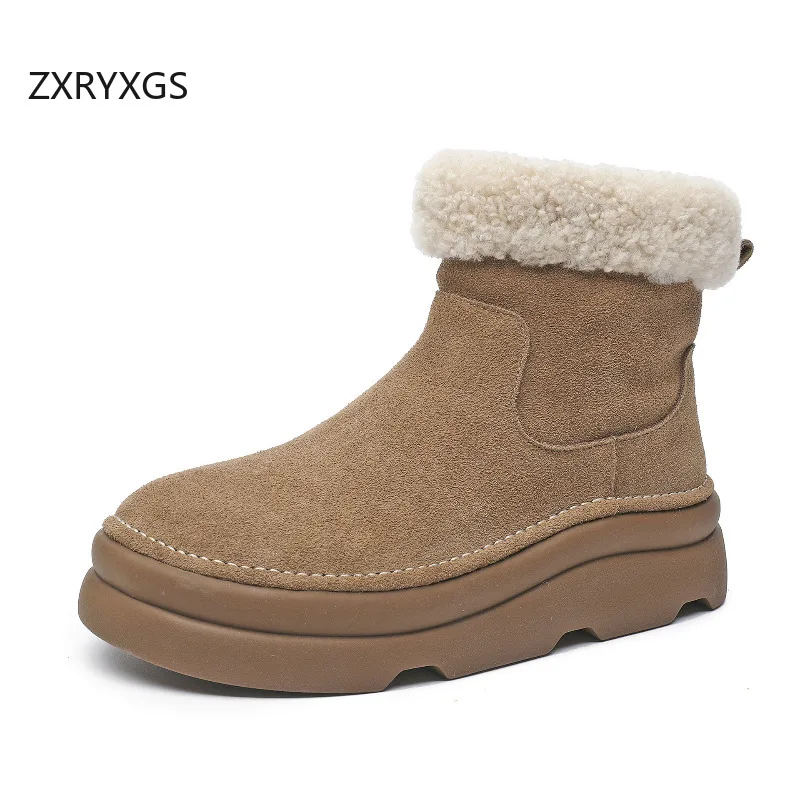 ZXRYXGS Premium Frosted Cowhide Lamb Wool Boots Warm Comfort Snow Boots Cotton Shoes Woman New 2024 Winter Genuine Leather Boots