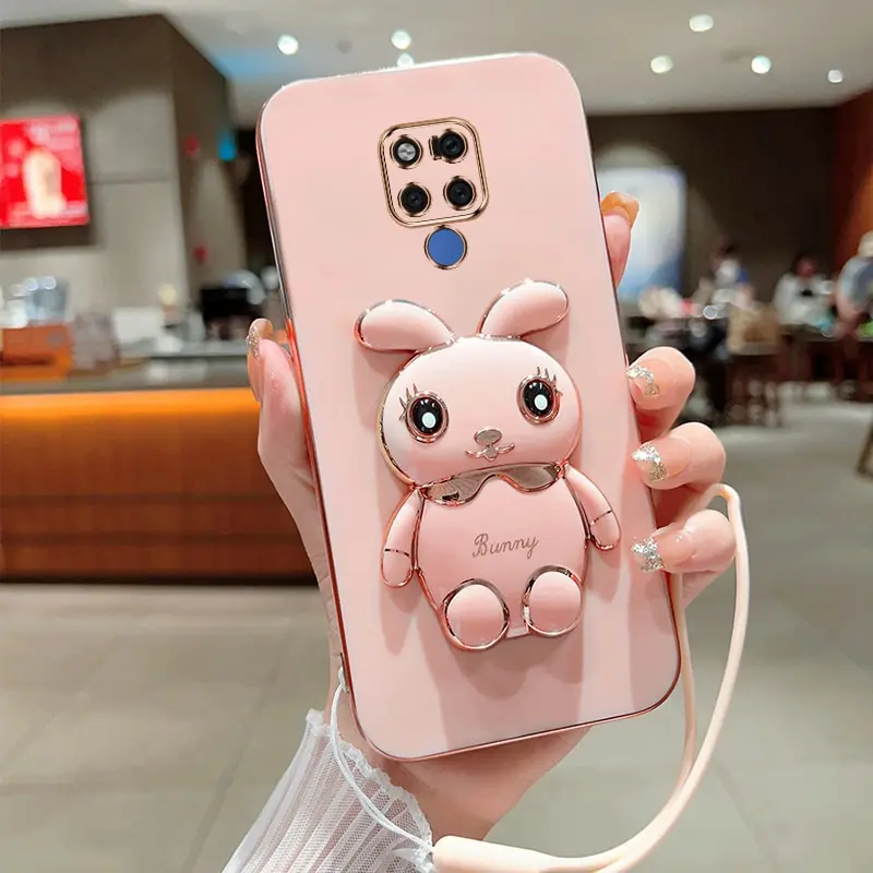 Phone Case For Huawei Mate 20X Luxury Plating Square Rabbit Holder With Landyard Phone Case Cover