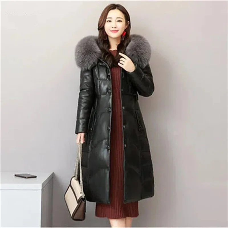 2022 Black Leather Fur Overcoat Women Imitation Fox Fur Collar Long Fashion Hooded Coats PU Leather Cotton Coat Belt Outerwear