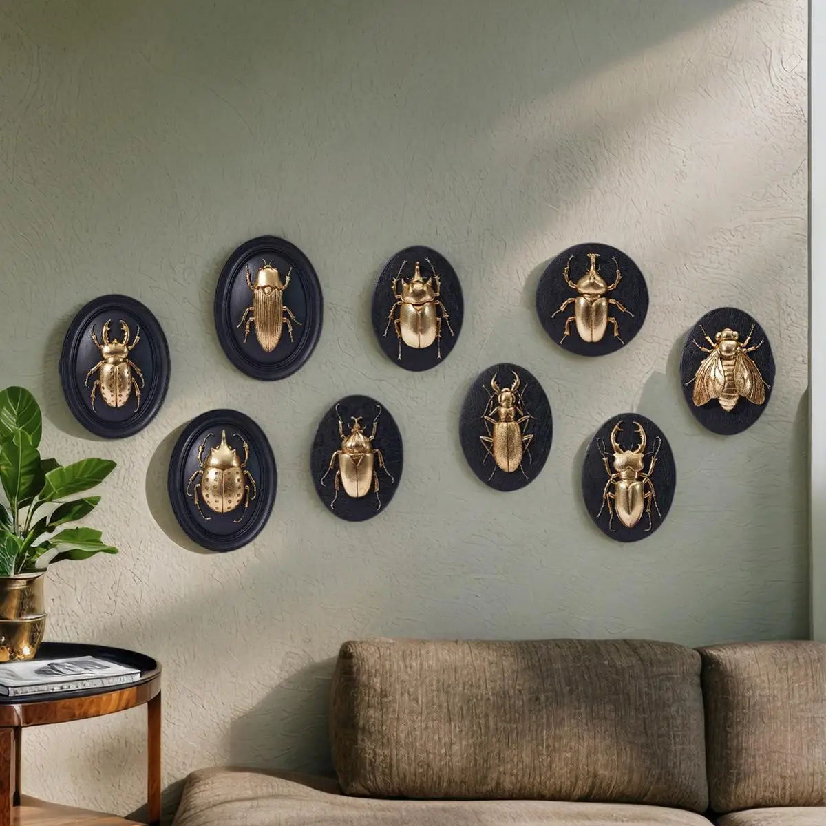 Dark Style Golden Beetle Relief Wall Decoration. Elliptical Black Background Giant Centipede. Combined Wall Decoration Piece