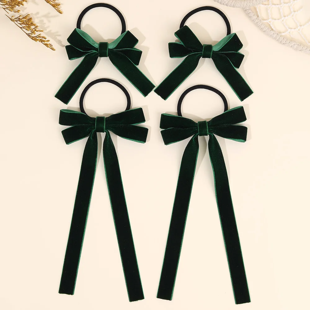 4Pcs Retro Velvet Hair Tie Elegant Soft Long Tail Bow Hair Rope Vintage Dark Green Hair Bands For Women Girls Hair Accessories