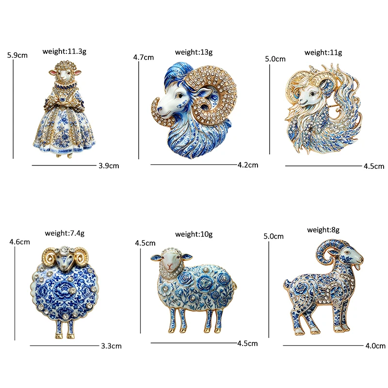 Wuli&baby Ziegenbroschen im blau-weißen Porzellandesign für Damen und Herren, bezaubernde Broschen mit Ziegen- und Schafmotiv, Geschenke – Detail 7