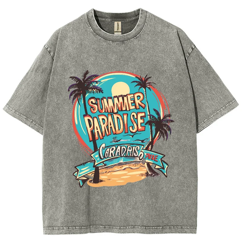 American Retro Beach Landscape Print Women's Washed T-Shirt Oversized Cotton Comfortable Short Sleeve Student Casual Street Top