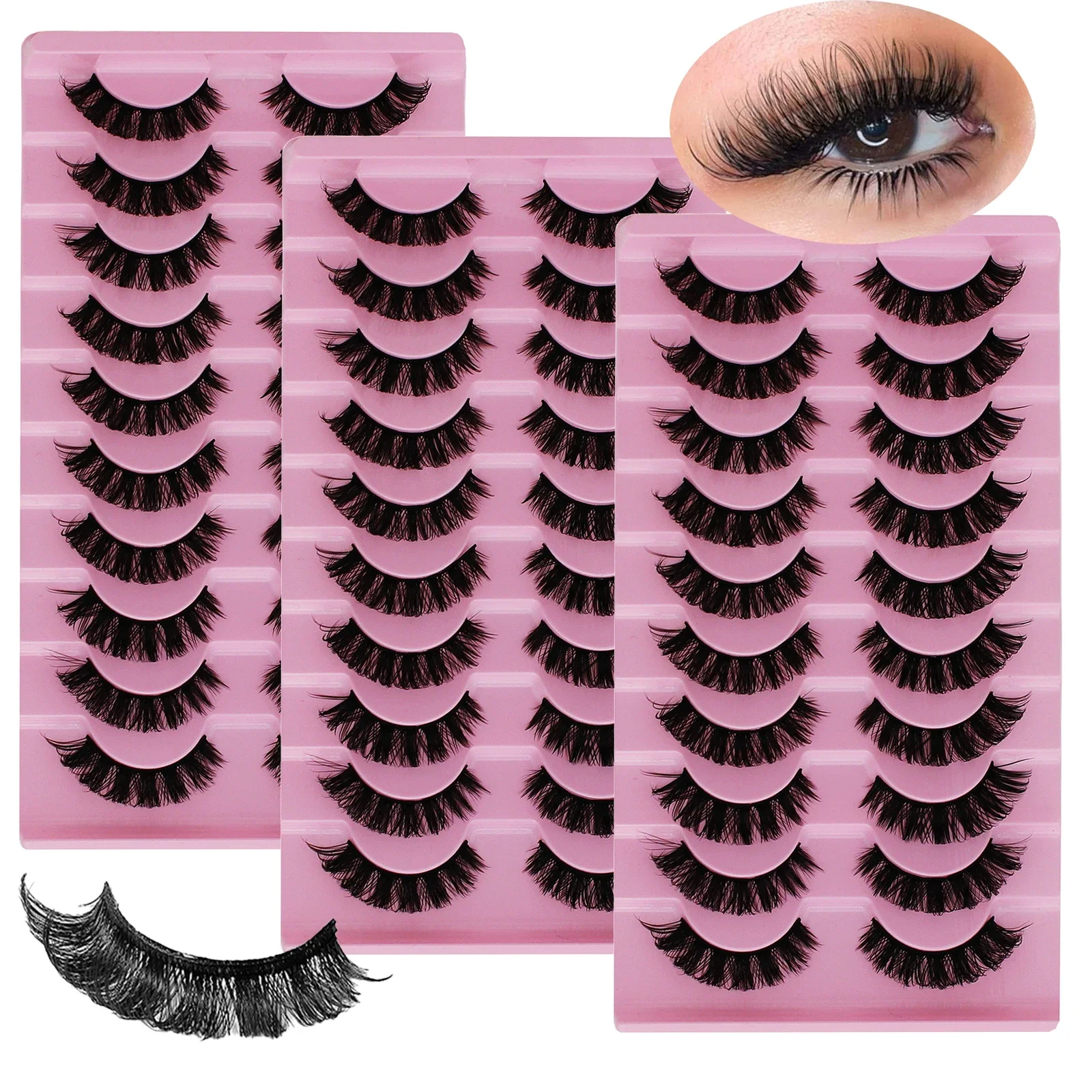 

30Pairs/3Pack Russian Strip Lashes D Curl Fake Lashes Natural Look Fluffy Volume Wispy Russian Lashes 3D Effect Fake Eyelashes