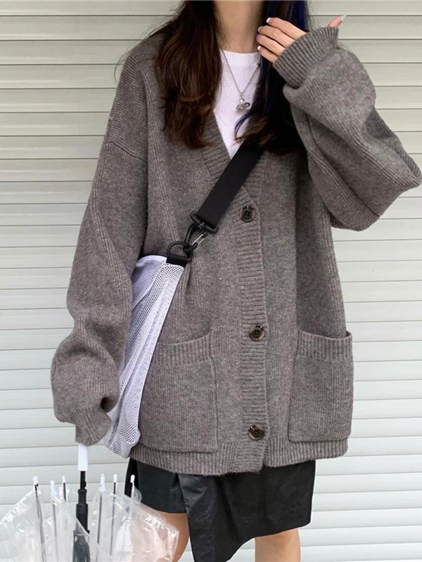 

Свободный вязаный свитер для женщин, осенне-зимняя верхняя одежда, с V-образным вырезом, на пуговицах, в стиле ретро, из мягкого полиэфирного волокна, с длинными рукавами