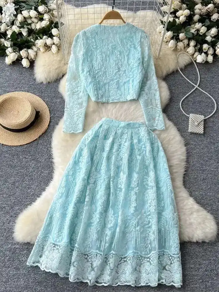 Autumn Elegant Flower Embroidery Lace Two Piece Matching Set Women\'s Long Sleeve Pearls Button Crop Top Midi Skirts Suits