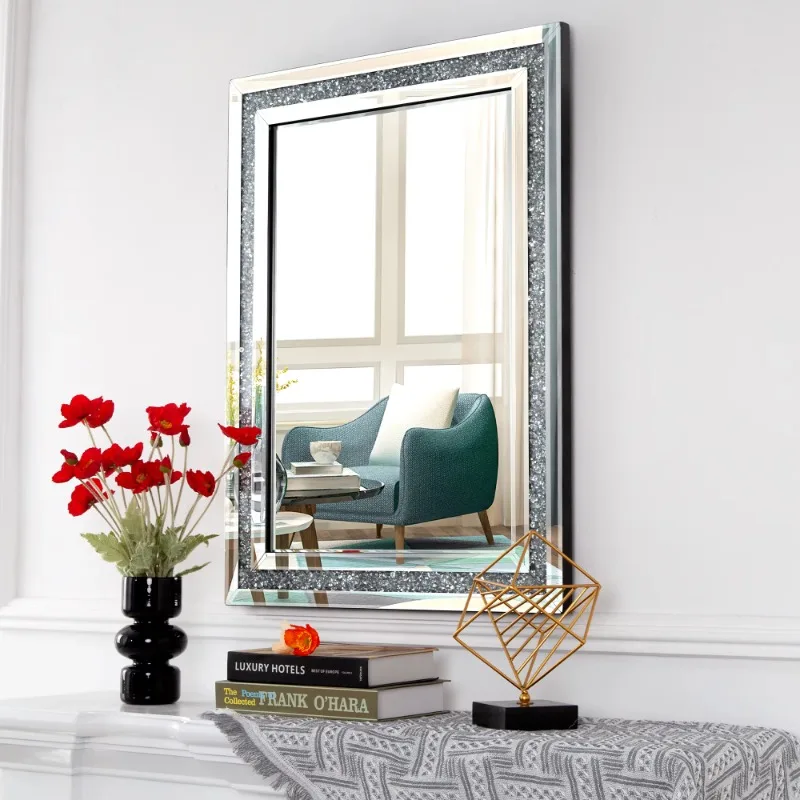 Rectangle Silver Sparkly Crush Diamond Hanging Wall-Mounted Mirror Decorative Crystal Wall Mirrors