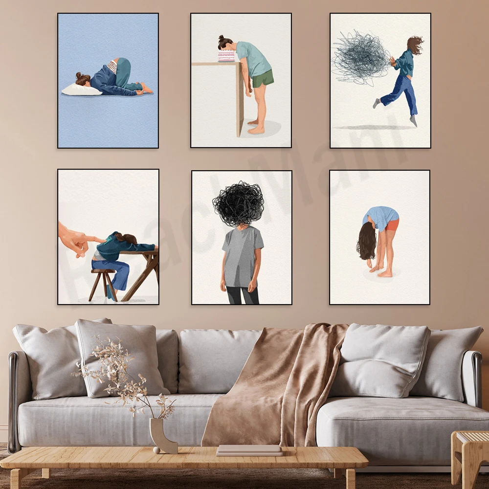 Minimalist girl's daily life print, daisy, feather, psychology canvas painting wall art painting living room decoration