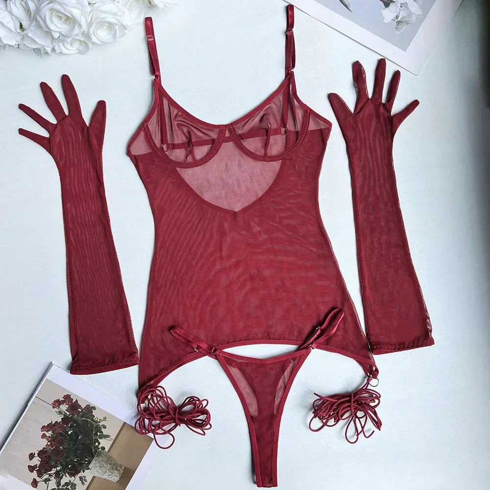 Women Ultra Thin Mesh Translucent Underwear Spaghetti Straps Tops Thongs Ropes Gloves Lingerie Set Perspective Erotic Nightwear