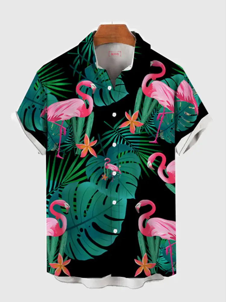 Summer Flamingo Print Shirts Casual Polo Collar Men's Shirt Fashion Animal Print Shirt Hawaiian Beach Style Shirt 3D Print Shirt