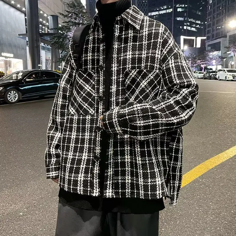 

Мужская клетчатая шерстяная куртка свободного кроя с отложным воротником, весенне-осенняя модная верхняя одежда американского бренда для молодежи