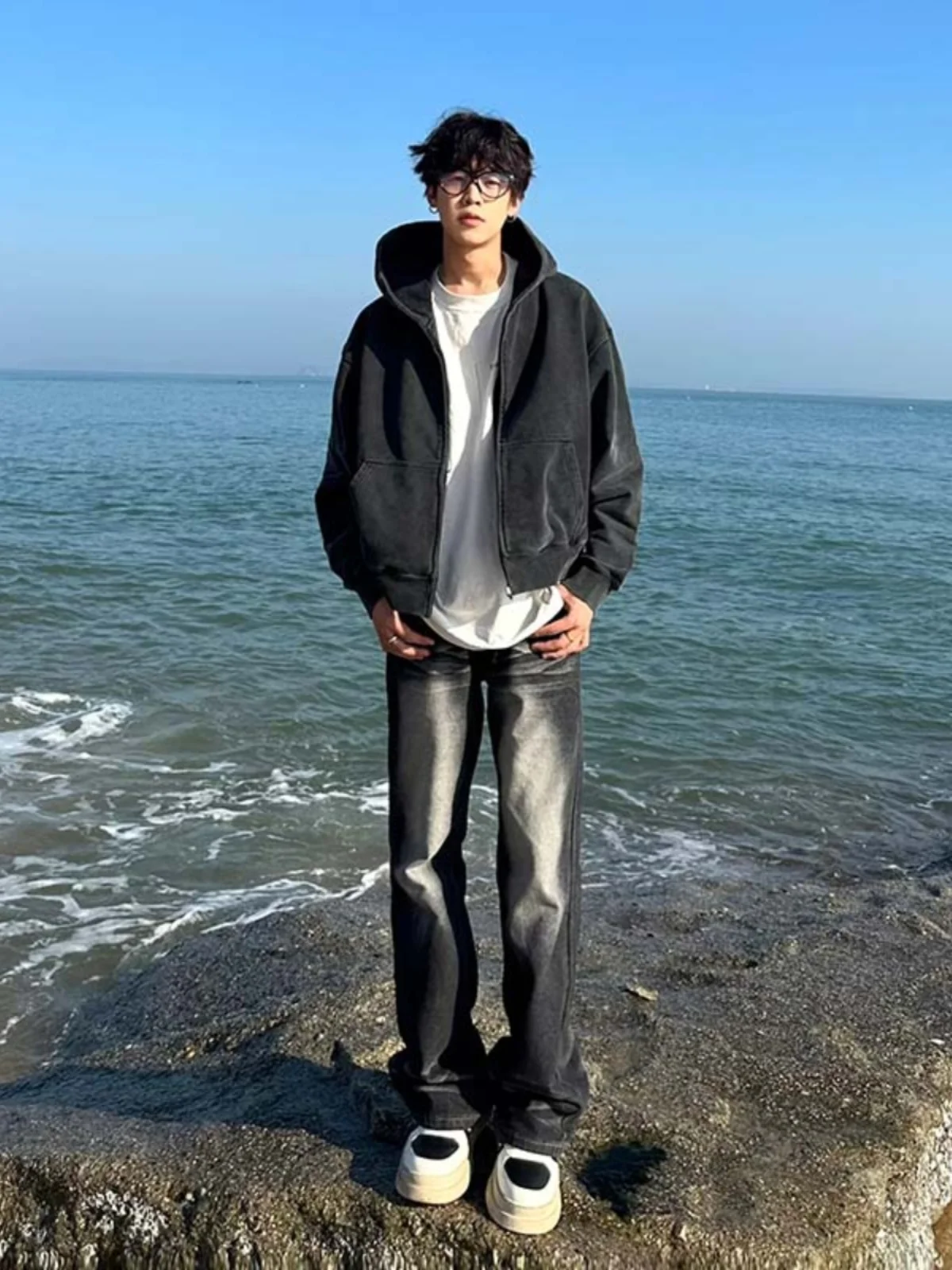 

American Vibe High Street Slim Straight Jeans Men's Trendy Brand Cool Bla adient Micro Flared Pants Youth ular Jeans