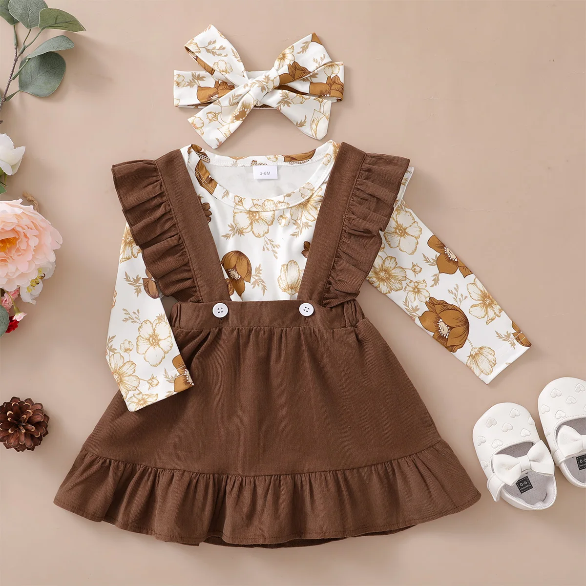 0-12 Months Newborn Baby Girl Set Beautiful Camellia Top+Suspender Skirt+Headband 3pcs Baby Girl Spring and Autumn Fashion Set