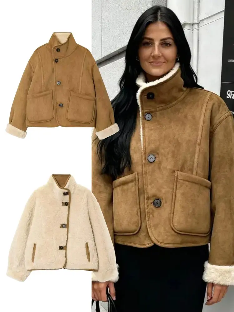 

HH Vintage Women Thick Warm Double-Sided Fleece Coats Winter Female Reversible Long Sleeve Stand Collar Faux Lamb Wool Jacket