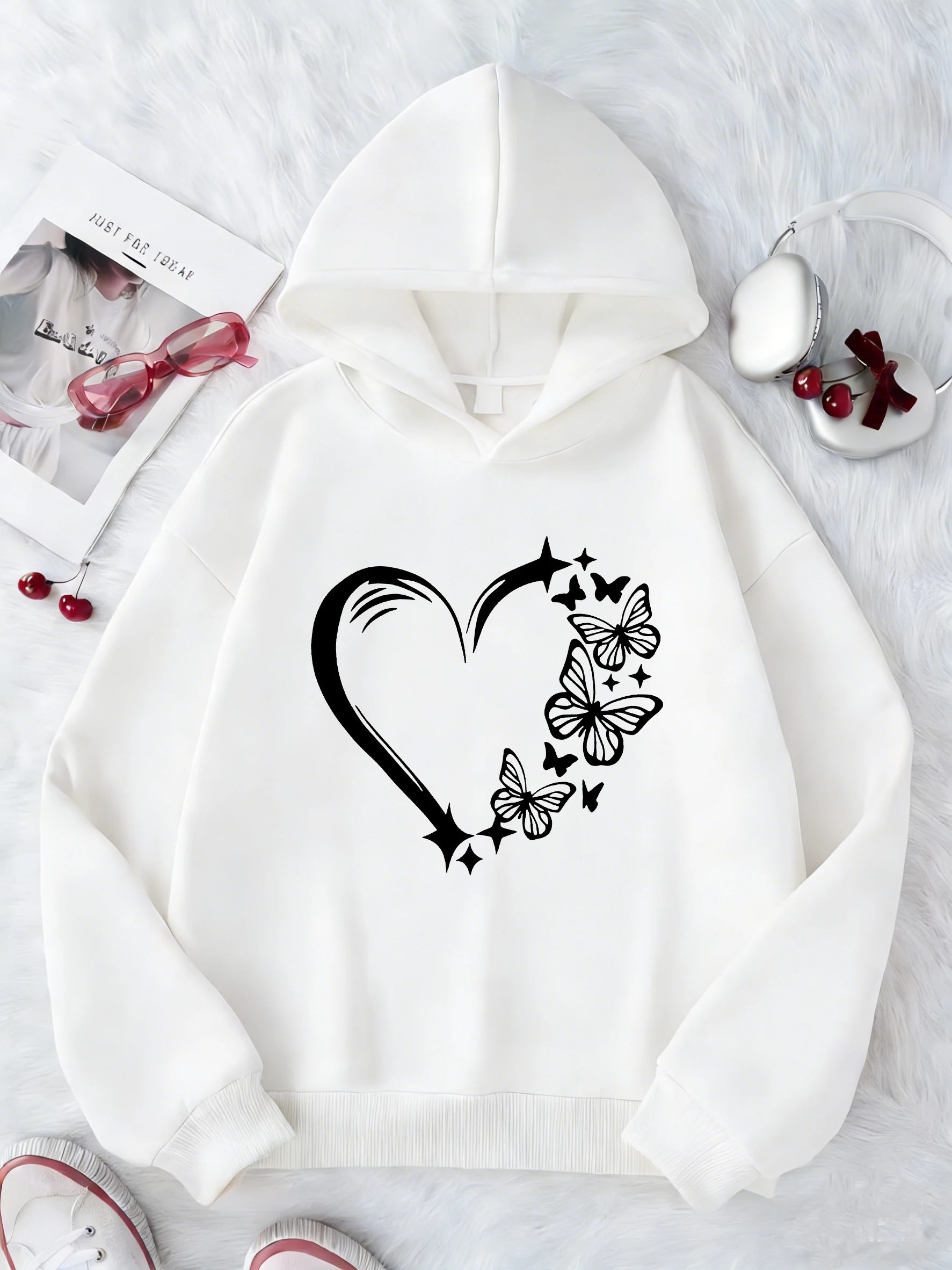 Sweat-shirt à capuche décontracté pour enfants, motif cœur et papillon, mignon, pour garçons et filles, automne printemps