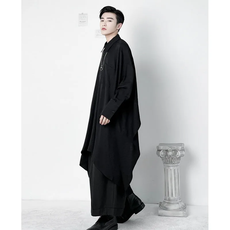 Men\'s Irregular Long Sleeved Loose Shirt Spring Fashion Fashion Front Long Back Short Oversize Wide Version Long Sleeved Shirt