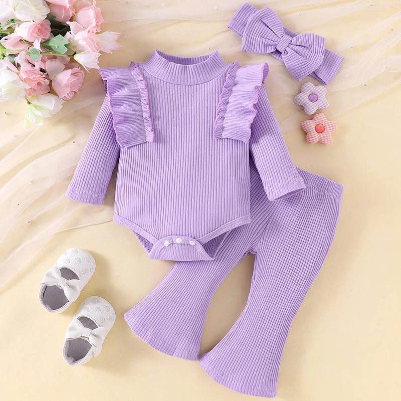 3Piece Spring Fall Baby Girl Clothes 0 To 6Months Korean Fashion Cute Solid Long Sleeve Tops+Pants+Hair Band Newborn tems B053