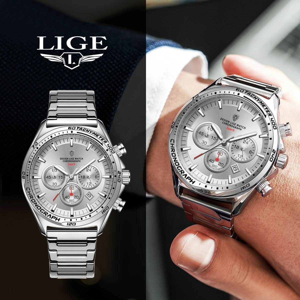 LIGE Fashion Luxury Quartz Men\'s Watches big Dial Design Waterproof Lumoinous Watch Auto Calendar Stainless Band Sport Clock+Box