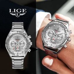 LIGE Fashion Luxury Quartz Men's Watches big Dial Design Waterproof Lumoinous Watch Auto Calendar Stainless Band Sport Clock+Box