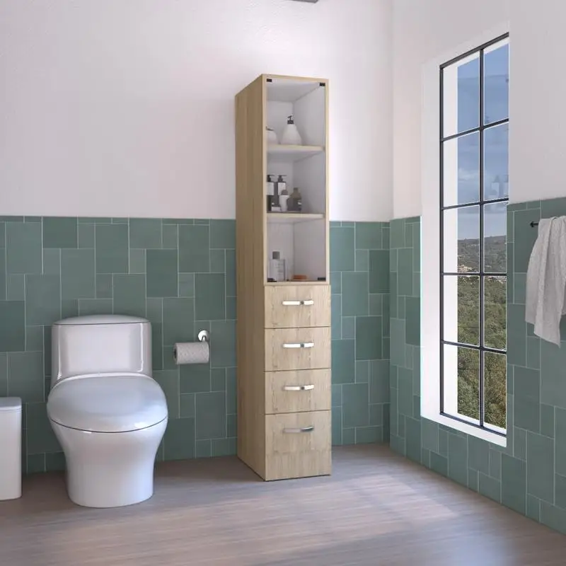 

Linen Cabinet with 3 Shelves and 4 Drawers, Light Pine and White Finish