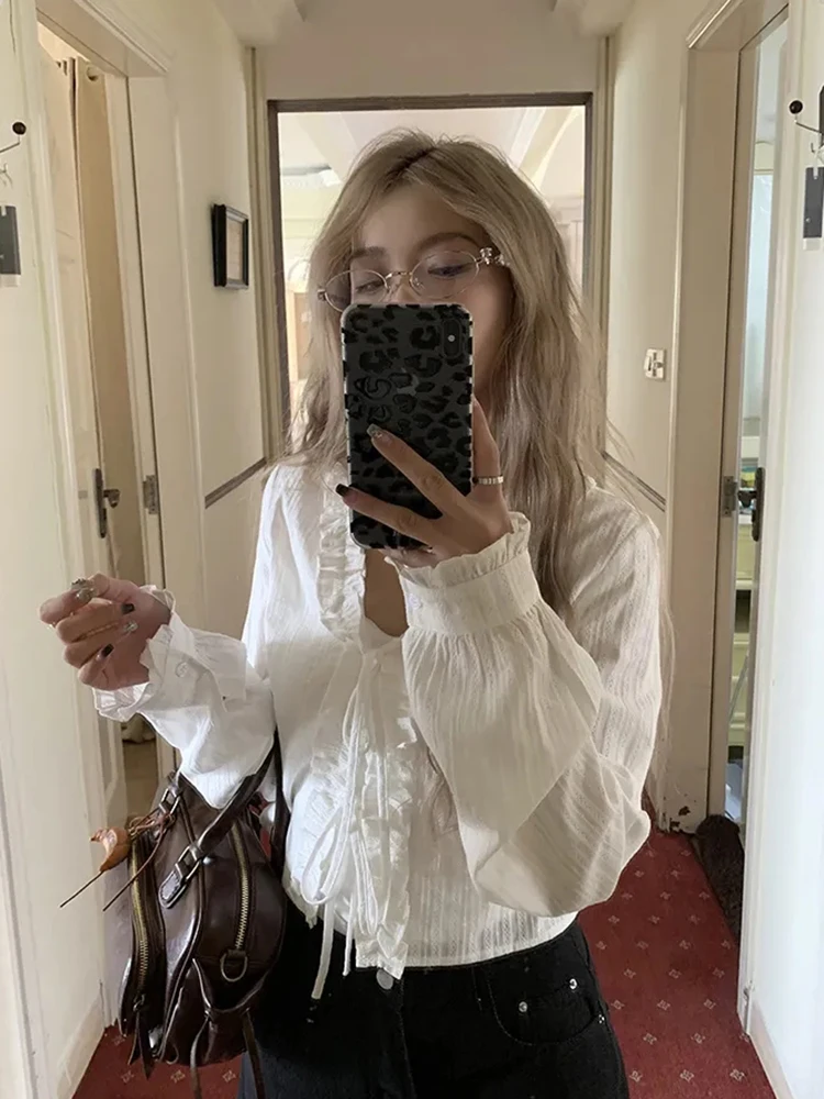 Zoki Lace Up Sweet White Shirts Women Vintage Long Sleeve Cropped Blouse Casual V Neck Female Korean Elegant Retro Tops New