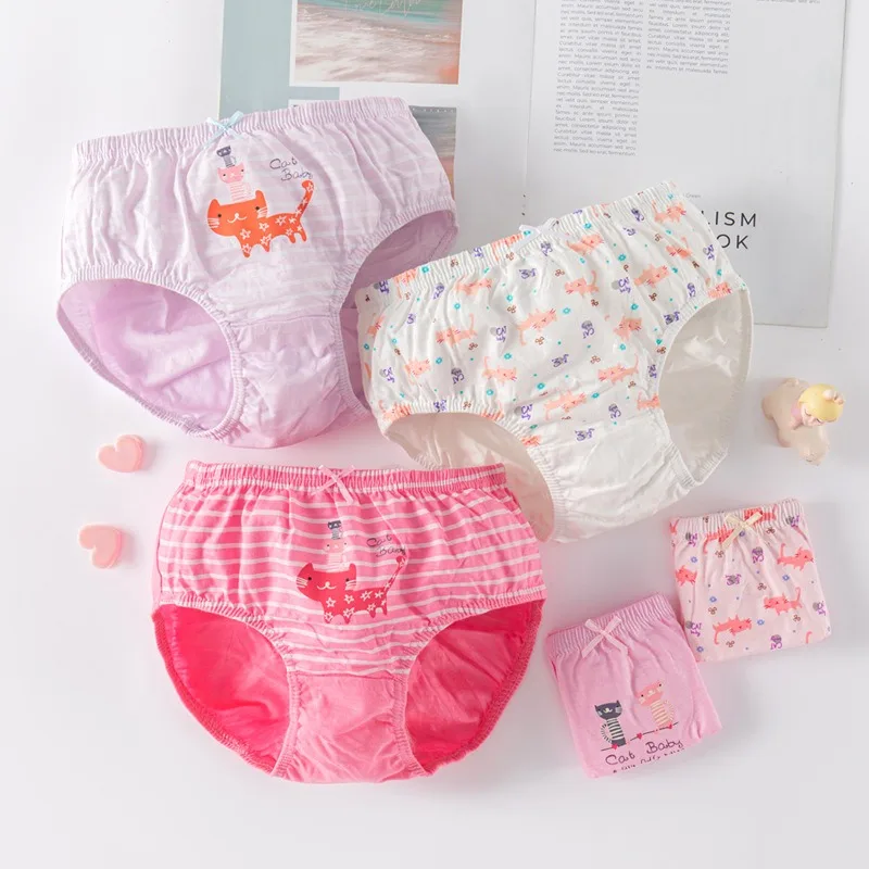 3Pcs/Lot Children Triangle Underwear High Quality Cotton Washable Girls Briefs Cute Cat Cartoon Kids Panties For Girl 3-14 Years