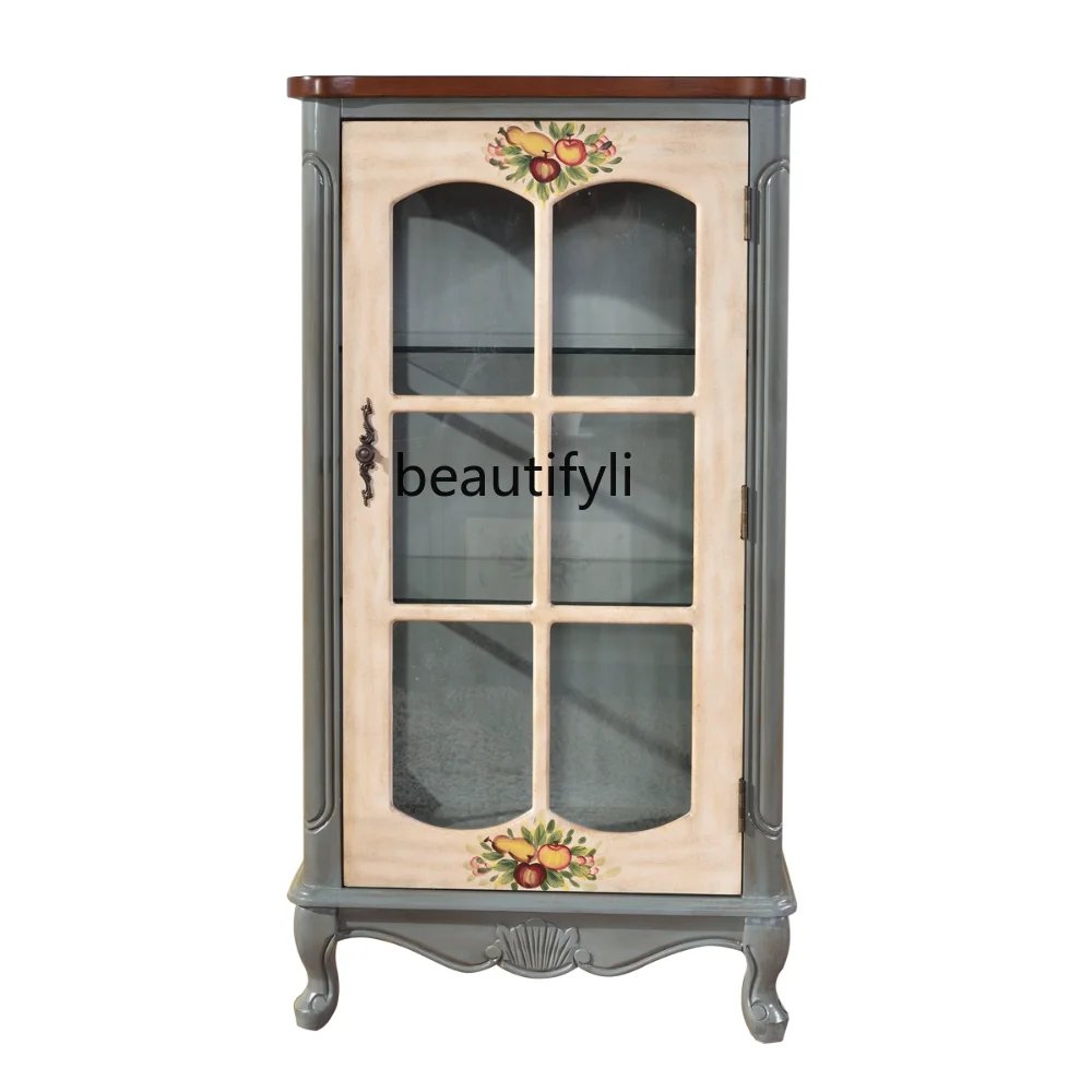 

yj American Country Retro Solid Wood Single Door Glass Wine Cabinet Mediterranean Painted Locker