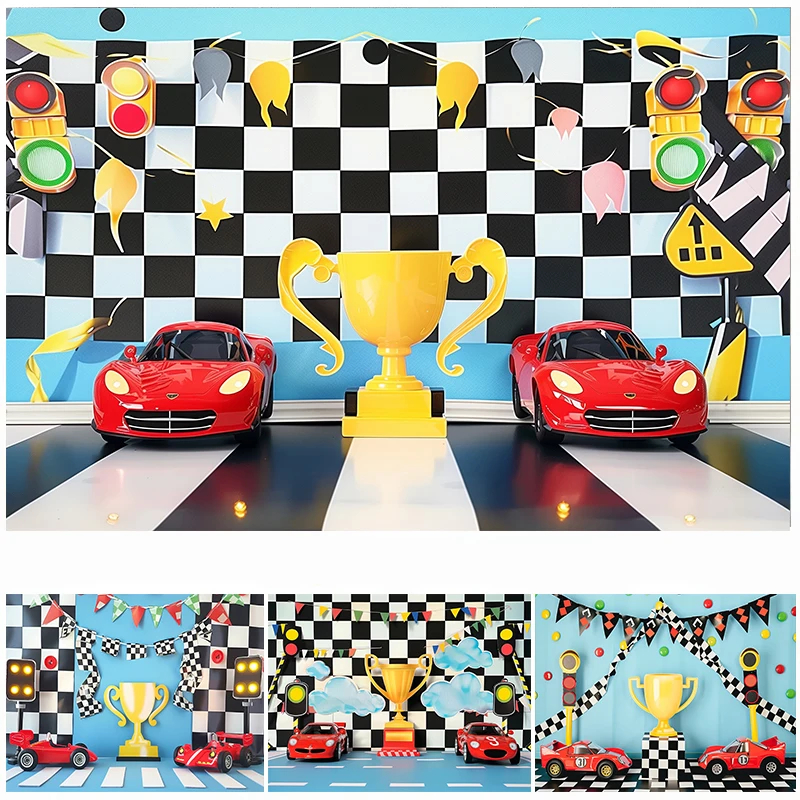 

LS Racing Cars Birthday Photography Backdrop Cake Smash Black White Grid Boys Birthday Party Decorations Photo Background Banner