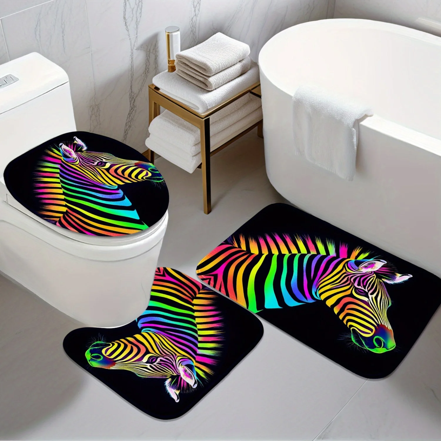 

Bathroom Anti-slip Mat -3pcs Set - Colorful Zebra 2D Flat Design Pattern - Digital Printing - Includes Anti-slip Mat, U-shaped