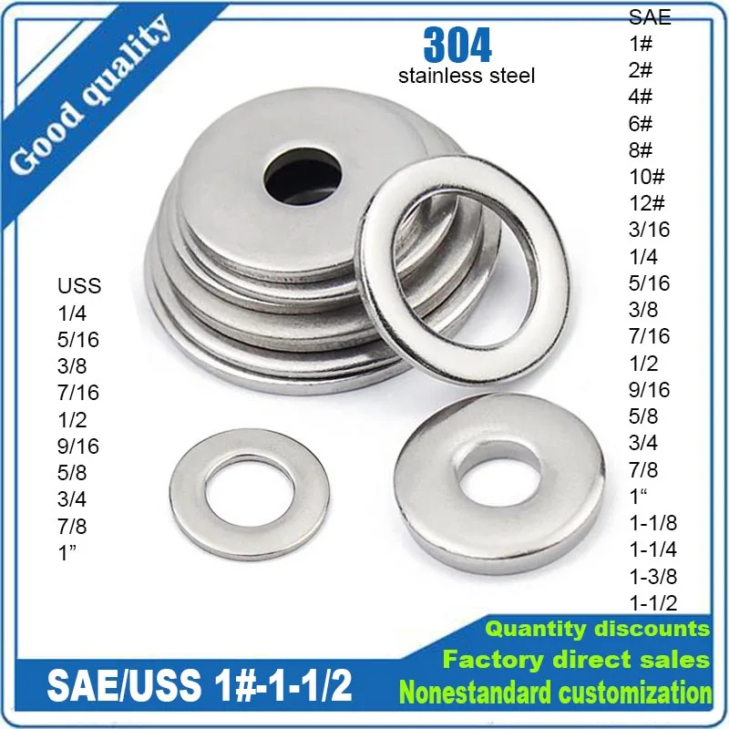 1/100 Stück ANSIB18.22.1(SAE/USS) 1 #   2 #   4 #   6 #   8 #   10 #   12 #   3/16 1/4 5/16 7/16 bis 1-1/2 304 Edelstahl-Unterlegscheiben, flache Dichtungen