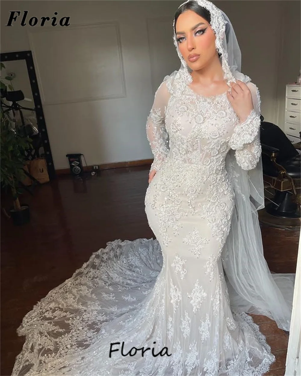 

Custom Made Muslim Wedding Dresses Elegant Lace Appliques Women Bridal Gowns Beading Dubai Mermaid Bride Dress Vestidos De Noche