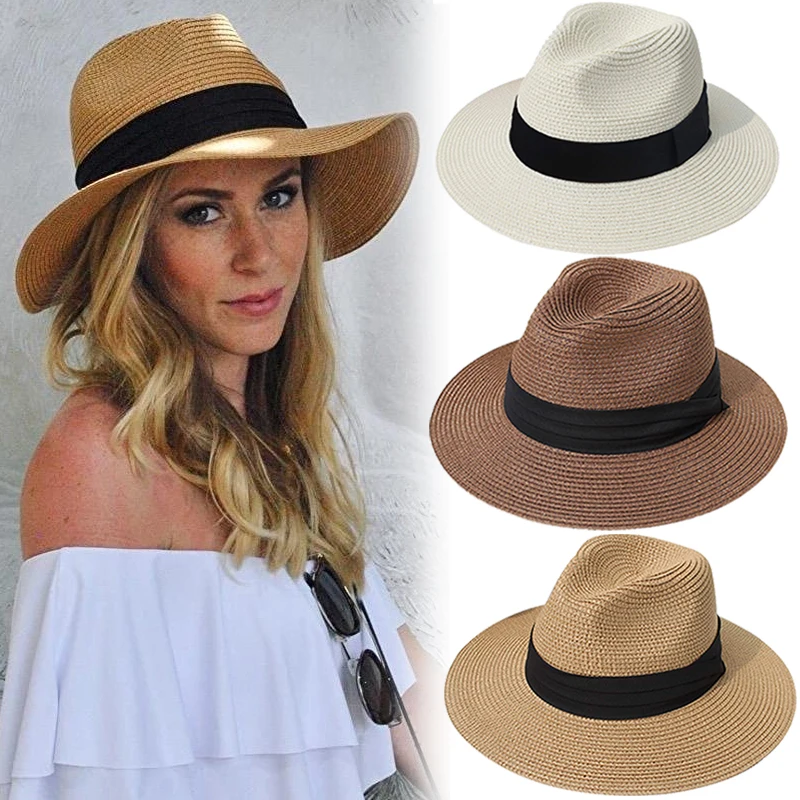 Unisex Panama Straw Hats for Women Men Summer Beach Sun Hat Wide Brim Foldable Cap UPF50+ Cowboy Fedora hat Gangster Cap