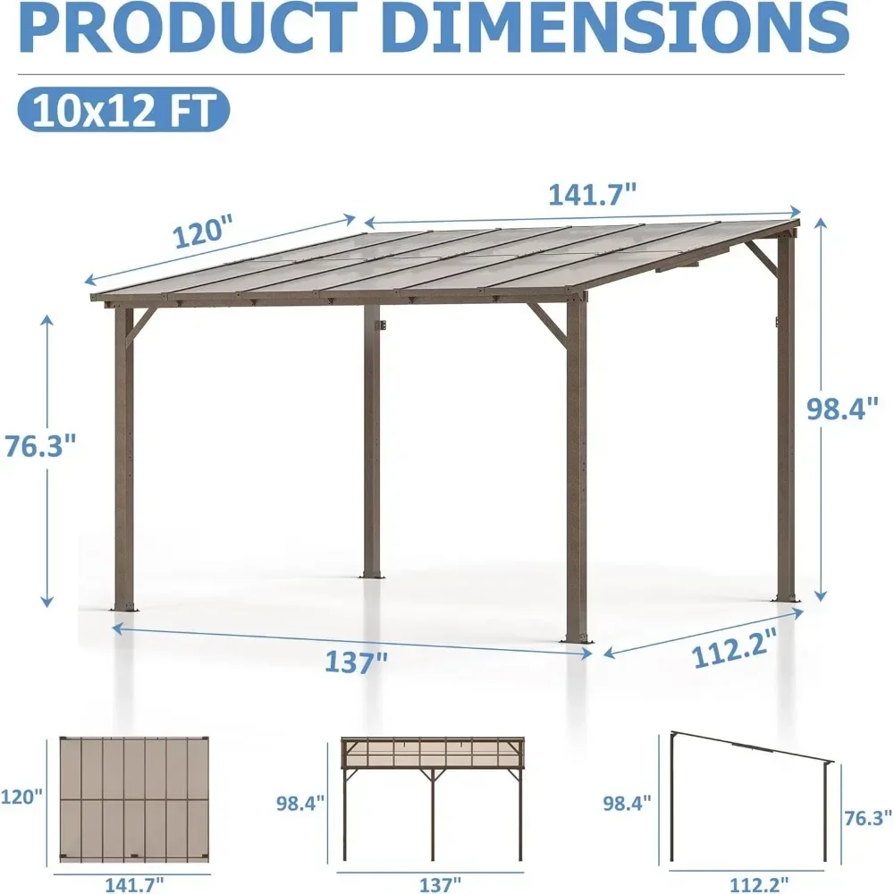 10x12 FT Gazebo,with Aluminum Frame, Wall Mounted Gazebo & Pergola, Lean To Gazebo Awnings for Patio, Decks, Outdoor Gazebos