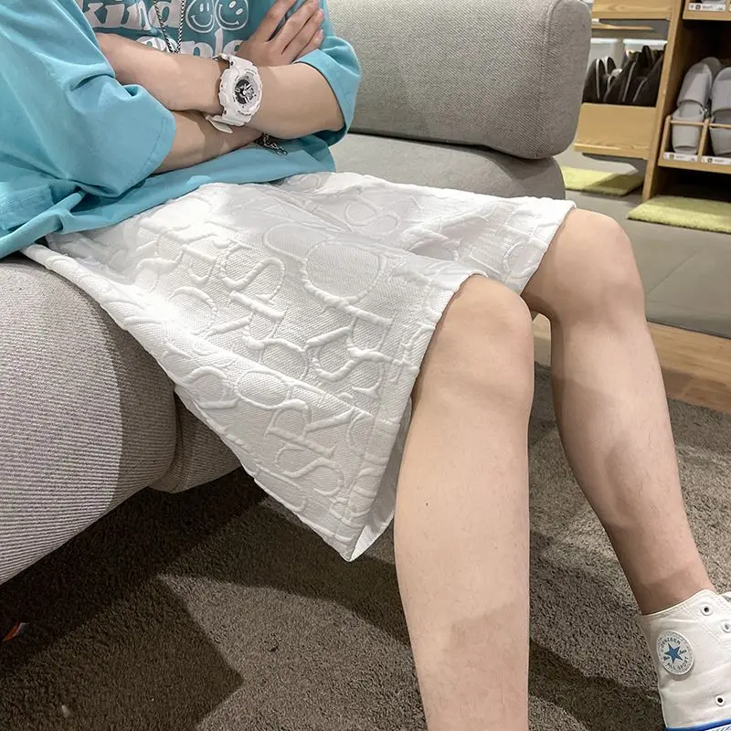 

Men's Summer Waffle Knit Shorts Casual Loose Fit Straight Leg Streetwear Plain White Printed Beach Pants