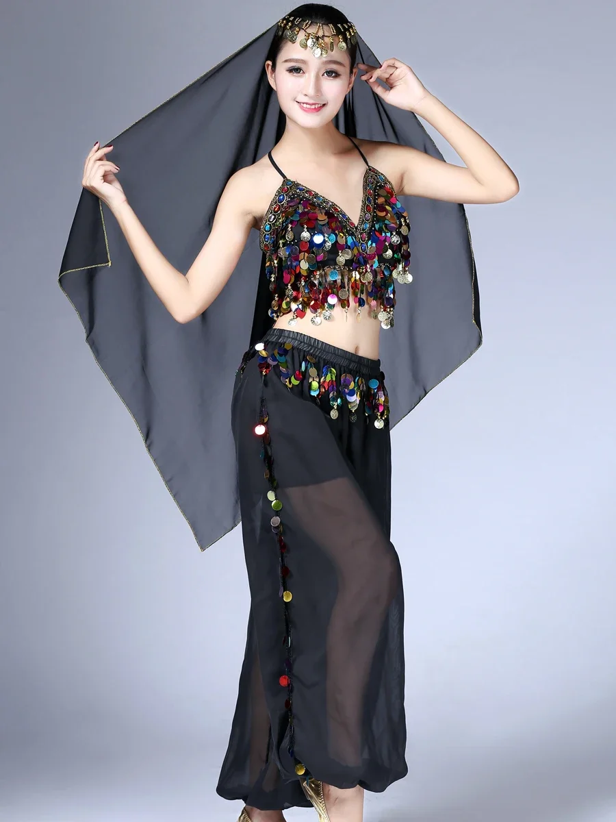 3 Piece Lady's Belly Dance Chiffon V-neck Bandage Sequin Crop Top and Lantern Coins Pants Veil India Oriental Dance Outfit