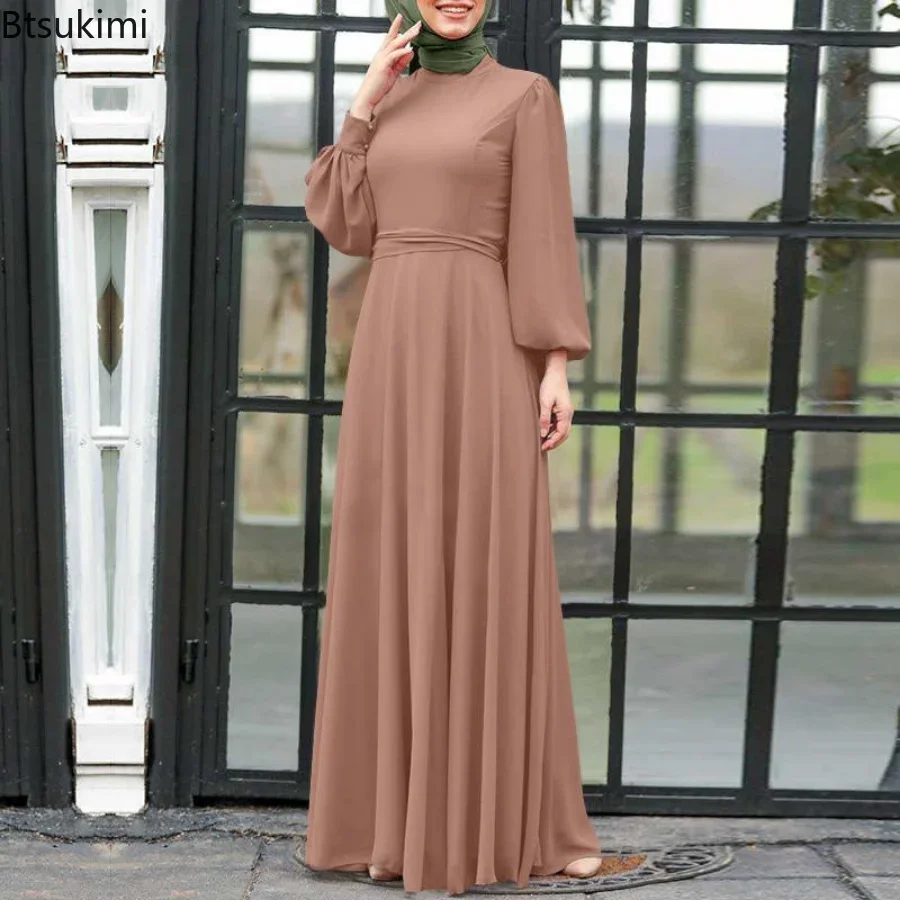 

New 2024 Women's Muslim Dress Solid Hijab Dubai Abaya Long Dresses Women with Sashes Clothing Abaya Dresses for Women Musulman