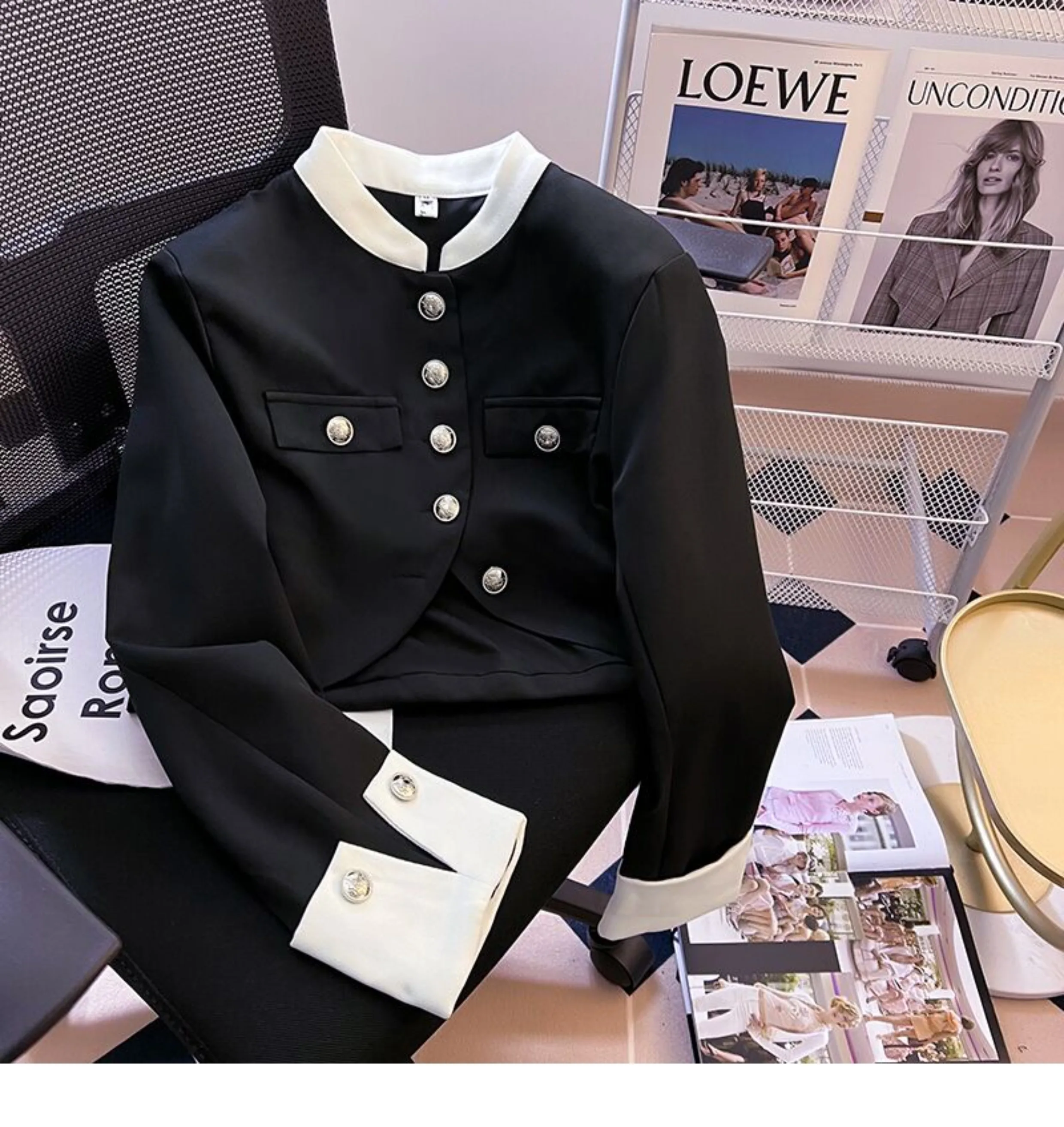 

Elegant Stand Collar Short Jacket Women Temperament Button Versatile Slim Fit Top Fashion Color Blocked Long Sleeved Coat