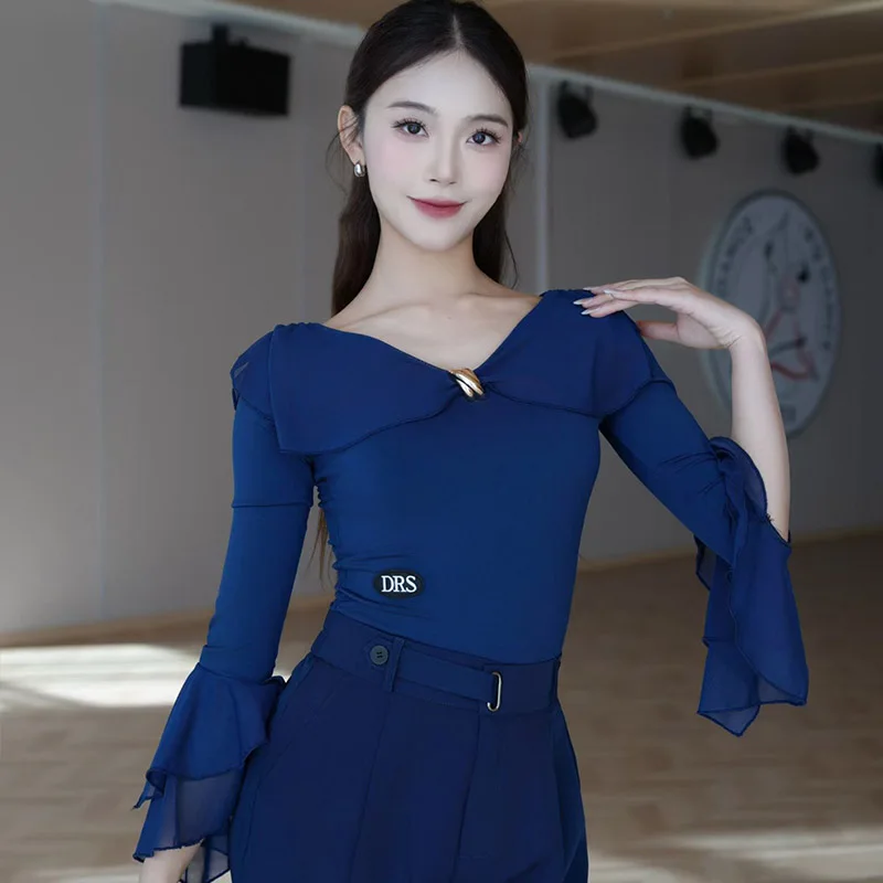 เสื้อเต้นลาตินสีดำ 3 สี สำหรับผู้หญิง ชุดฝึกซ้อมแทงโก้ บัลเลต์ คอวี แขนบาน ชุดรัดรูปสำหรับเต้นรำ ชุดฝึกซ้อมสำหรับผู้ใหญ่ รุ่น 2365