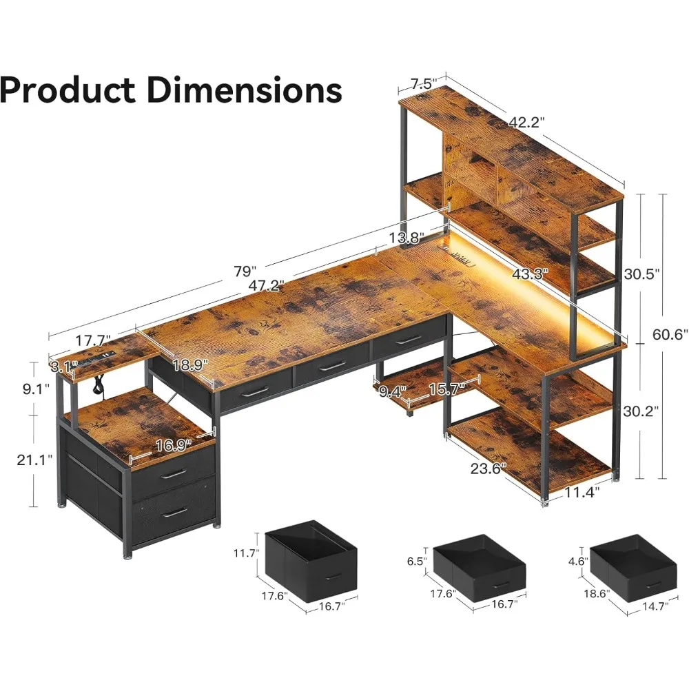 79 Inch L Shaped Desk, with File Drawers, Reversible L Shaped Gaming Desk with Power Outlets & LED Lights, Computer Desk