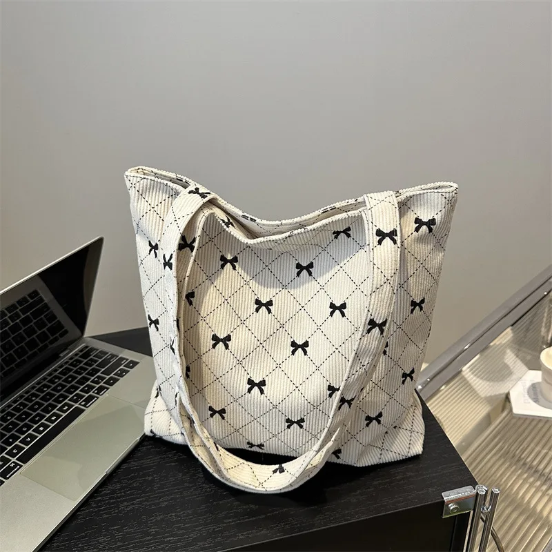 Corduroy rhombus bow printed tote bag fashion trend versatile large capacity shoulder bag