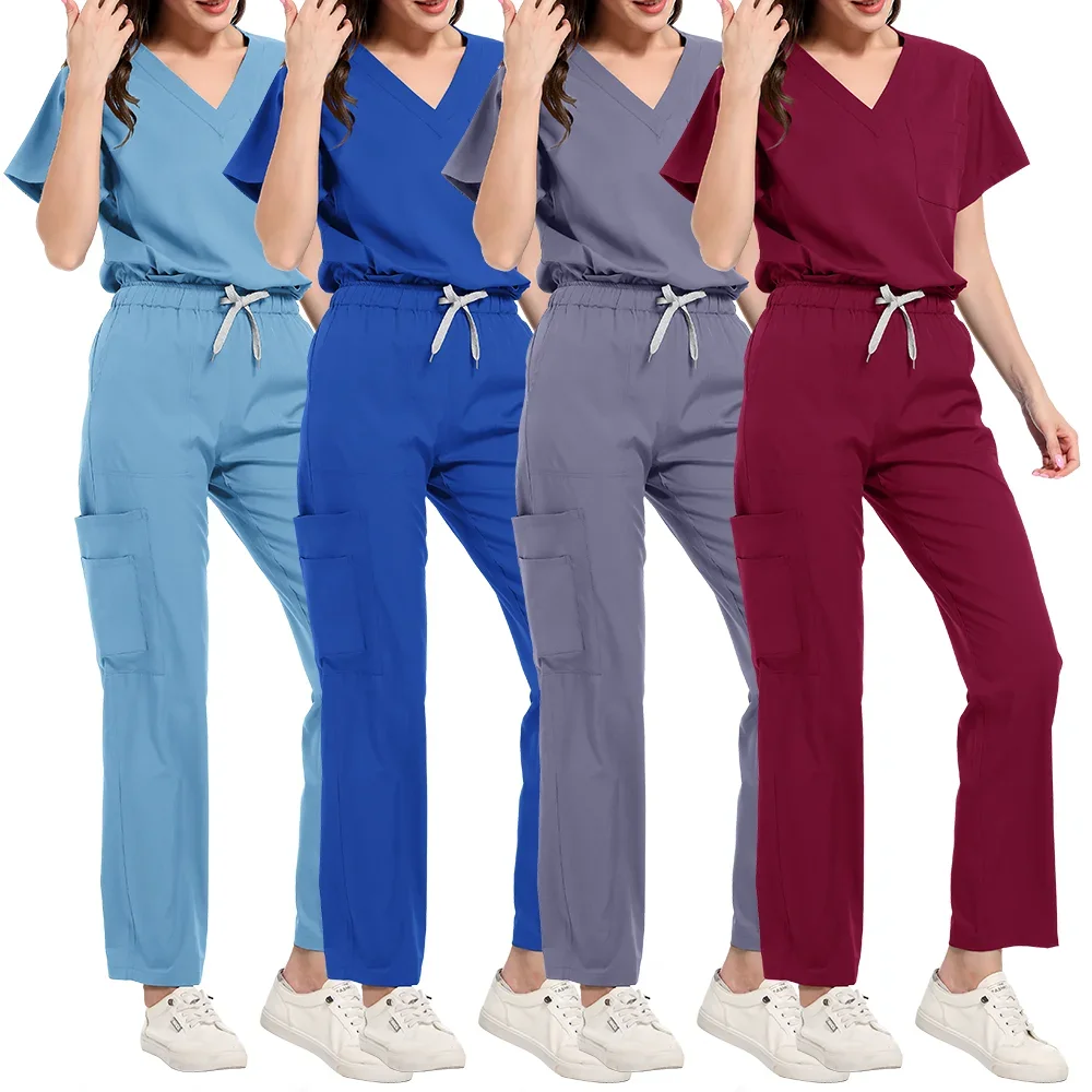 Scrubs Uniform Suit Short Sleeve V-neck Tops+jogger Pants Set Nursing Uniform Women Multicolor Pet Doctor Scrub Medical Workwear view 4