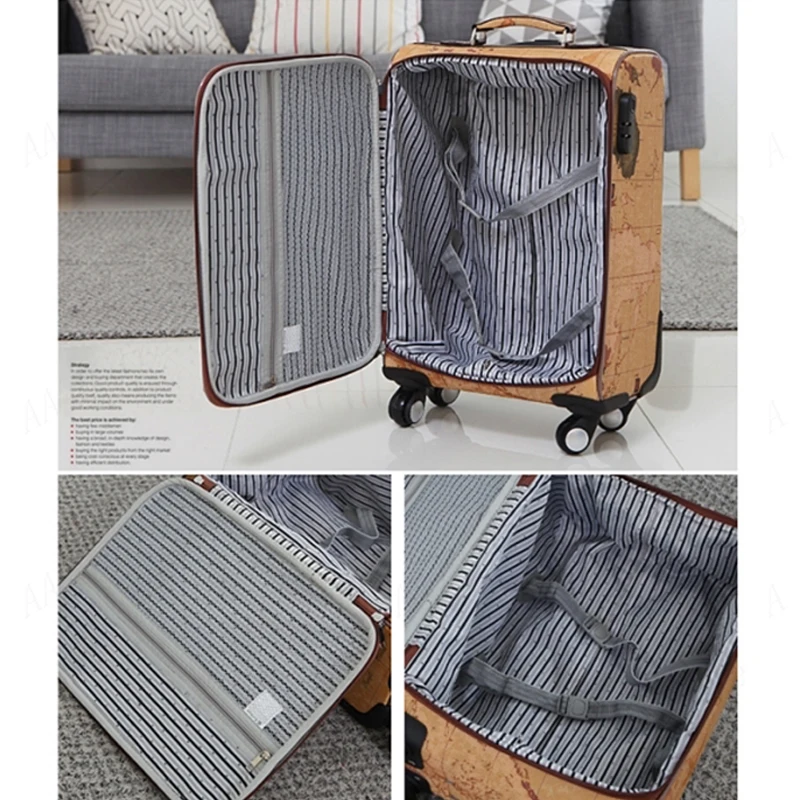 Vintage Map Suitcase Boarding Rolling Luggage Set Travel Bags Password Trolley Case 20\