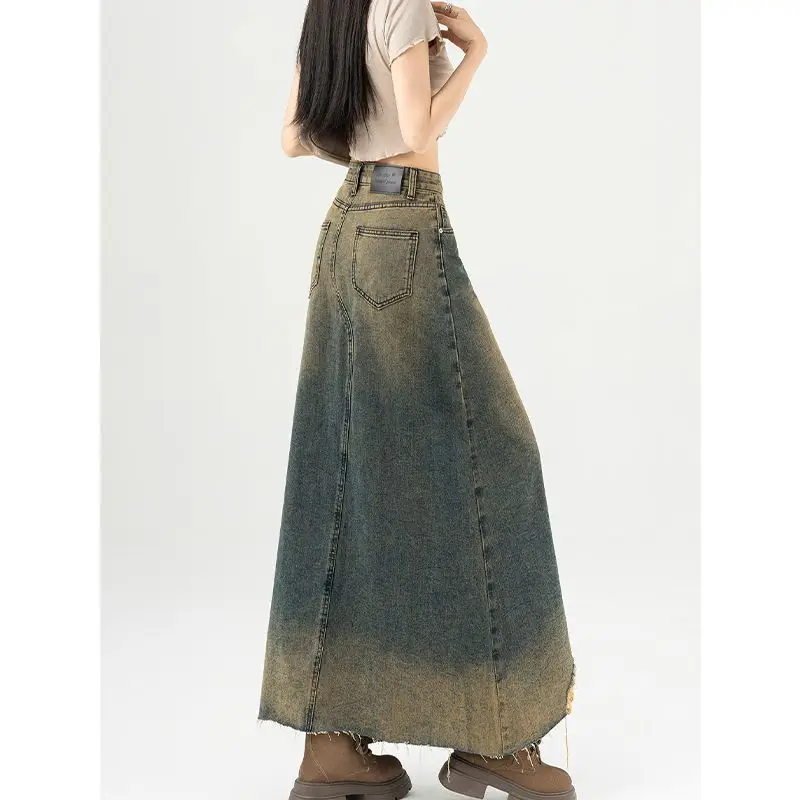 Rok Denim Vintage Retro Amerika untuk wanita, rok panjang setengah garis A berlubang pinggang tinggi baru 2024