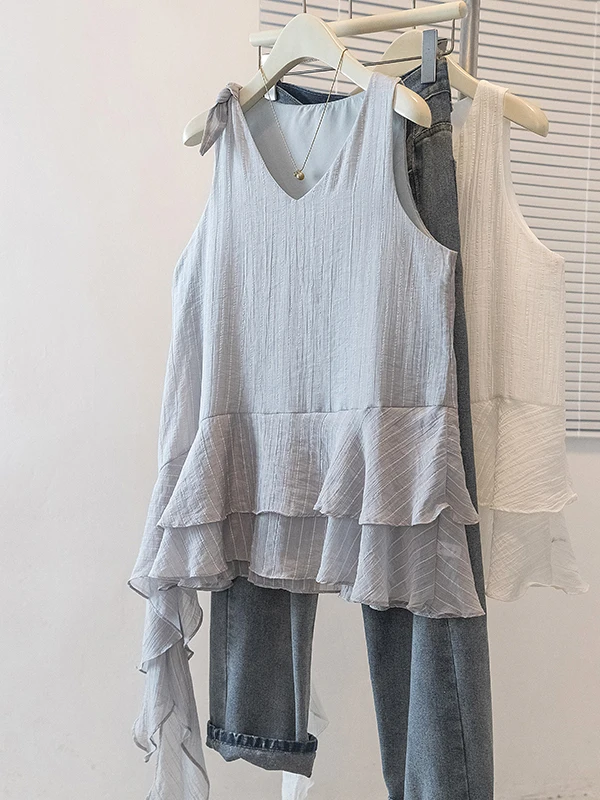 

French Style Sleeveless V-Neck Women's T-Shirt Hem Lace Design Summer New Lazy Fashion Knot Design Top Breathable Lightweight