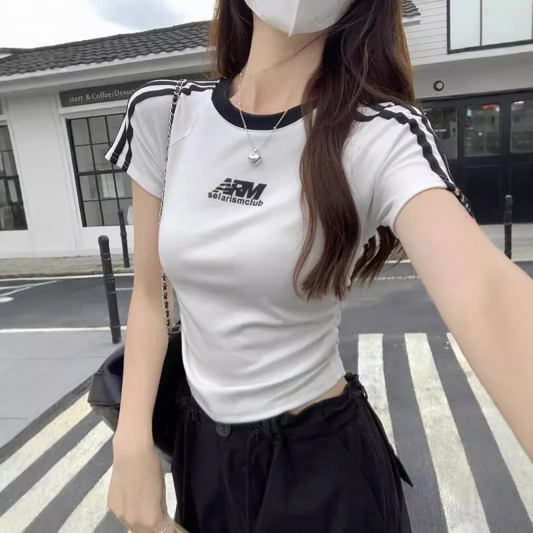 الأمريكية الرجعية المحملة القضبان لصق ort Sve تي شيرت المرأة الصيف الساخن فتاة الخصر النحيف مطوي ort الأعلى #1